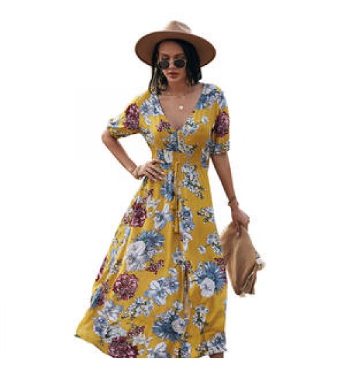 2021 Summer Chiffon Longuette Relaxed Waist Bohemian Beach Boho Maxi Dress