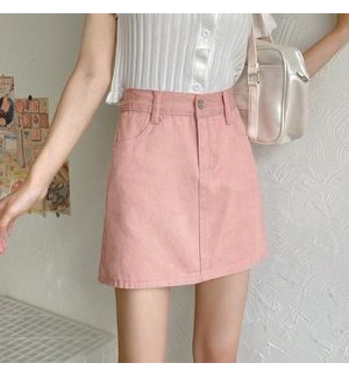 Korean three color chic denim elastic waist jeans A-line skirt