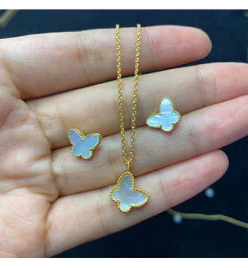 18k Real Gold Butterfly Necklace Pure Au750 Gold Pendant and Stud Earrings Wholesale Gold Jewelry