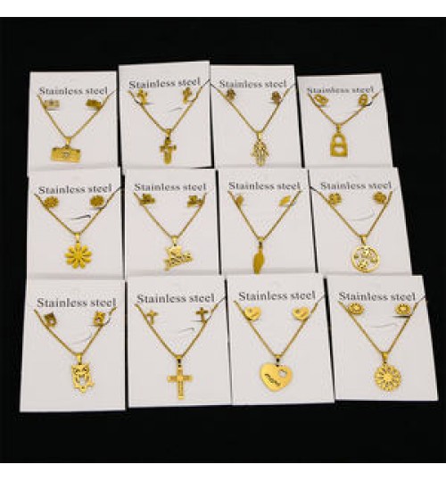 New Cheap Dubai 18K Gold Waterproof Plated Stainless Steel Pendant Bijoux Sandy Gift Necklace Earrings Jewelry Set For Women