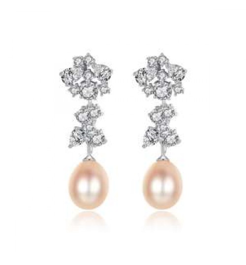 PAG&MAG Gold Drop Hight Quality Freshwater Pearl Women Jewelry Cubic Zirconia Flower Long Pearl Earrings