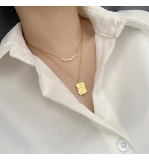 2022 fashion Double Layer Gold Plated Tarnish Free Titanium Steel Natural Pearl Delicate Necklace women Jewelry