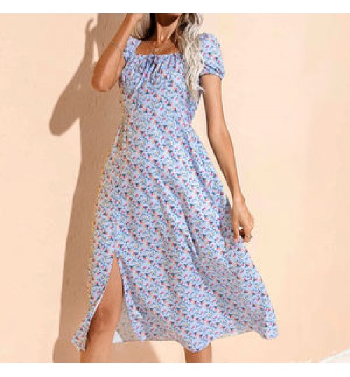 Purple Square Collar Longuette New Split Skirt Women's Fashion Printed Backless Dress Women