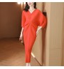 Design Sense Pleated Bat Sleeve V-neck Dress 2022 Summer New Plus Size Western Style Casual Loose Long Skirt