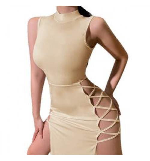 Sexy Sleeveless Hollow Out Bandage Slit Classy Clothing Longuette Solid Color Skinny Casual Dress