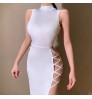 Sexy Sleeveless Hollow Out Bandage Slit Classy Clothing Longuette Solid Color Skinny Casual Dress