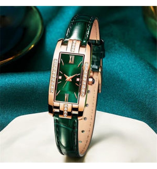 Luxury Watches Women Square Rose Gold Wrist Watches Green Leather Fashion Watches Female Ladies Quartz Clock Gifts montre femme