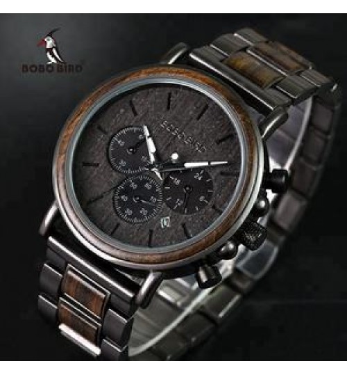 BOBO BIRD Black Wood Watch Stainless Steel Auto Date Watches for Men