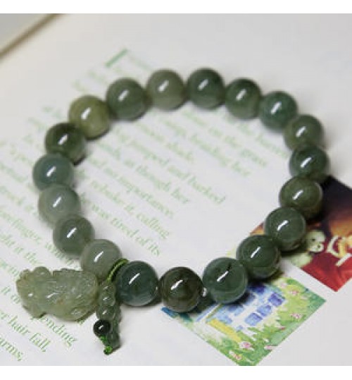 10MM Natural Jadeite Bracelet Oil Blue Pixiu Pendant Men's and Women's Jade Accessories