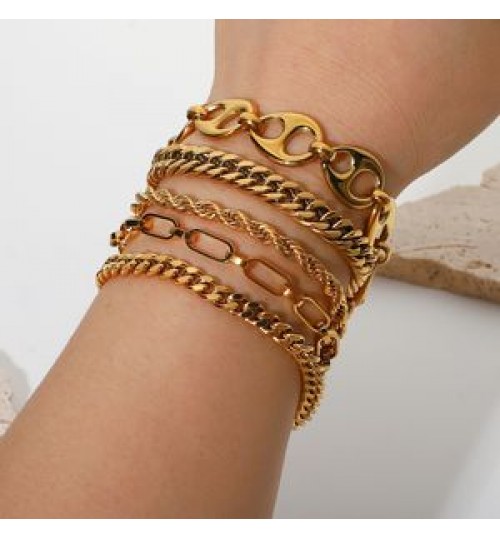 Women Jewelry Set Miami Cuban Chain Bracelet Bangle Flat Snake Stacking 18K Gold Plated Stainless Steel Bracelet For Accessories