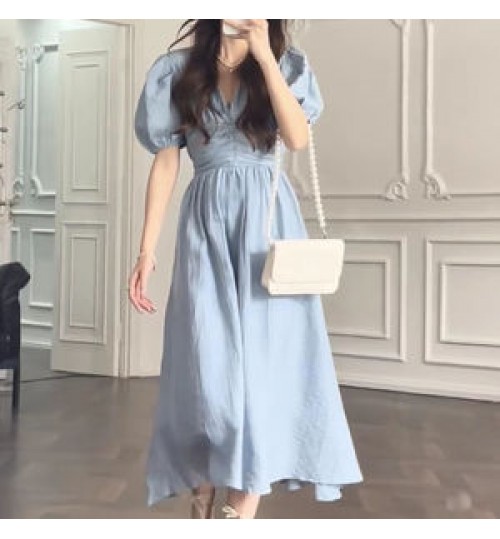 Wholesale 2022 Summer New French Hepburn Style Niche Design Long Dress High-end First Love Tea Break Bubble Sleeve Dress