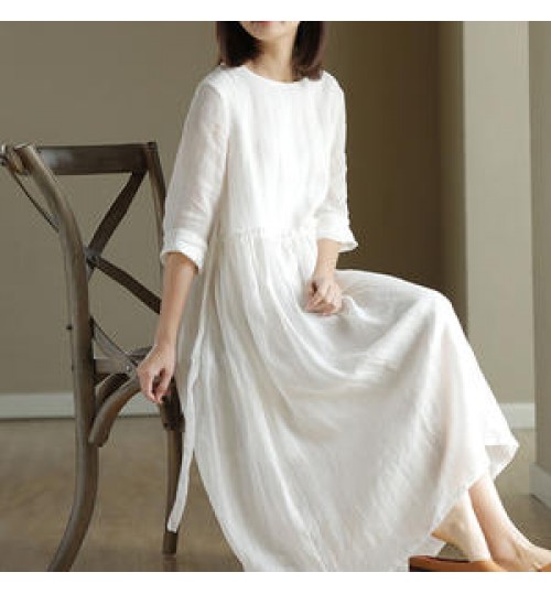 Boutique Wholesale 2022 New Summer Ramie Dress White Cotton Linen High Waist Thin Literary Loose Round Neck Casual Dresses