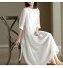 Boutique Wholesale 2022 New Summer Ramie Dress White Cotton Linen High Waist Thin Literary Loose Round Neck Casual Dresses