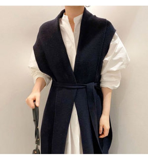 Wholesale 2022 Autumn Korean Chic Simple Loose Puff Sleeve Shirt Dress V-neck Straps Waist Long Knitted Vest Women's Set