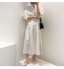 Wholesale 2022 Autumn Korean Chic Simple Loose Puff Sleeve Shirt Dress V-neck Straps Waist Long Knitted Vest Women's Set