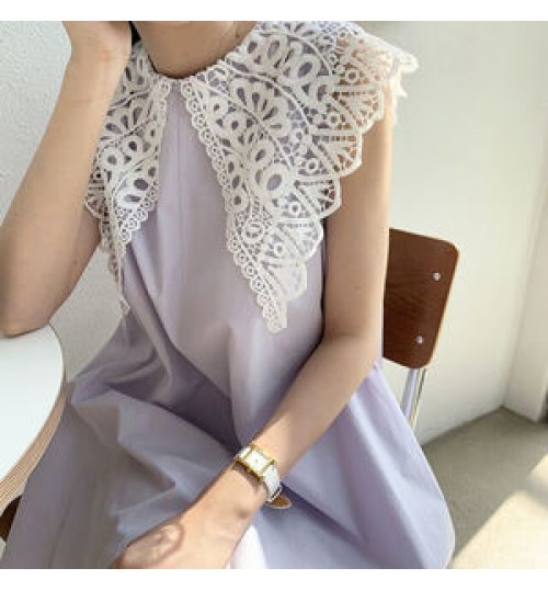 Boutique Wholesale 2022 Korean Chic Summer Niche Retro Hollow Lace Lapel Loose Long Knee-length Sleeveless Dress