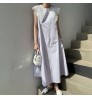 Boutique Wholesale 2022 Korean Chic Summer Niche Retro Hollow Lace Lapel Loose Long Knee-length Sleeveless Dress