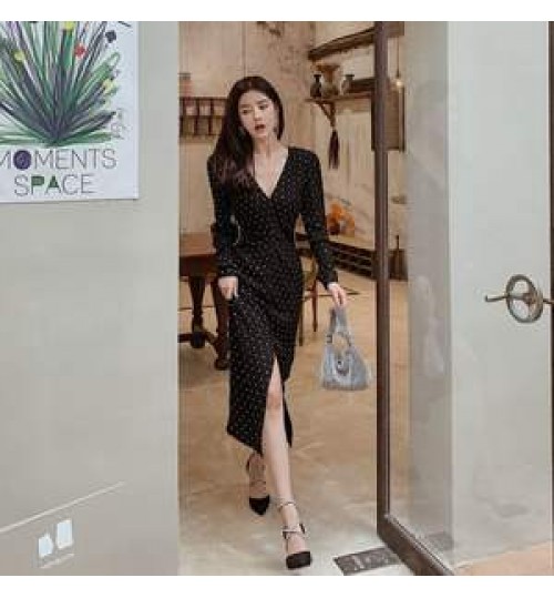 Wholesale 2022 Spring and Autumn New French Niche Waist Hepburn Style Retro V-neck Long Slit Slim Dress Temperament Dress