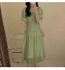 Wholesale 2022 Korean Chic Summer French Sweet Square Collar Exposed Collarbone Folds Waist Slim Puff Sleeve Casual Dress