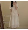 Wholesale 2022 Korean Chic Summer French Sweet Square Collar Exposed Collarbone Folds Waist Slim Puff Sleeve Casual Dress