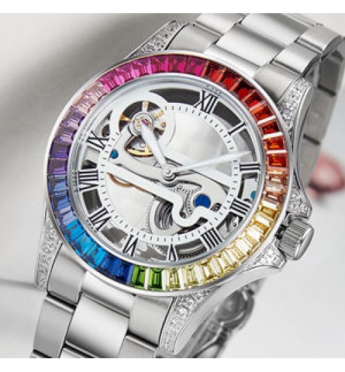 Watches Davena 61609 Luxury Watches Men Automatic Stainless Steel CZ Diamond Multicolor Luxury Watches Men Automatic