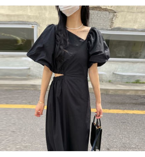 Wholesale 2022 Korean Chic Summer Retro Temperament Slanted Neck Side Hollowed Out Waist Design Lantern Sleeve Long Casual Dress