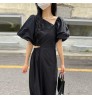 Wholesale 2022 Korean Chic Summer Retro Temperament Slanted Neck Side Hollowed Out Waist Design Lantern Sleeve Long Casual Dress