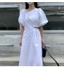 Wholesale 2022 Korean Chic Summer Retro Temperament Slanted Neck Side Hollowed Out Waist Design Lantern Sleeve Long Casual Dress