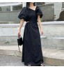 Wholesale 2022 Korean Chic Summer Retro Temperament Slanted Neck Side Hollowed Out Waist Design Lantern Sleeve Long Casual Dress