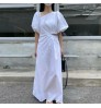 Wholesale 2022 Korean Chic Summer Retro Temperament Slanted Neck Side Hollowed Out Waist Design Lantern Sleeve Long Casual Dress