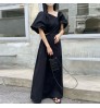 Wholesale 2022 Korean Chic Summer Retro Temperament Slanted Neck Side Hollowed Out Waist Design Lantern Sleeve Long Casual Dress