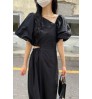 Wholesale 2022 Korean Chic Summer Retro Temperament Slanted Neck Side Hollowed Out Waist Design Lantern Sleeve Long Casual Dress