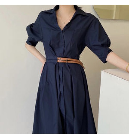 Wholesale 2022 Korean Chic Summer Retro Elegant Lapel Double Belt Waist Slim Solid Color Puff Sleeve Dress Long Dress