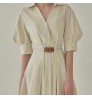 Wholesale 2022 Korean Chic Summer Retro Elegant Lapel Double Belt Waist Slim Solid Color Puff Sleeve Dress Long Dress