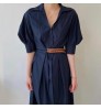 Wholesale 2022 Korean Chic Summer Retro Elegant Lapel Double Belt Waist Slim Solid Color Puff Sleeve Dress Long Dress