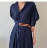 Wholesale 2022 Korean Chic Summer Retro Elegant Lapel Double Belt Waist Slim Solid Color Puff Sleeve Dress Long Dress