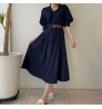 Wholesale 2022 Korean Chic Summer Retro Elegant Lapel Double Belt Waist Slim Solid Color Puff Sleeve Dress Long Dress