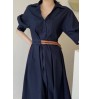 Wholesale 2022 Korean Chic Summer Retro Elegant Lapel Double Belt Waist Slim Solid Color Puff Sleeve Dress Long Dress