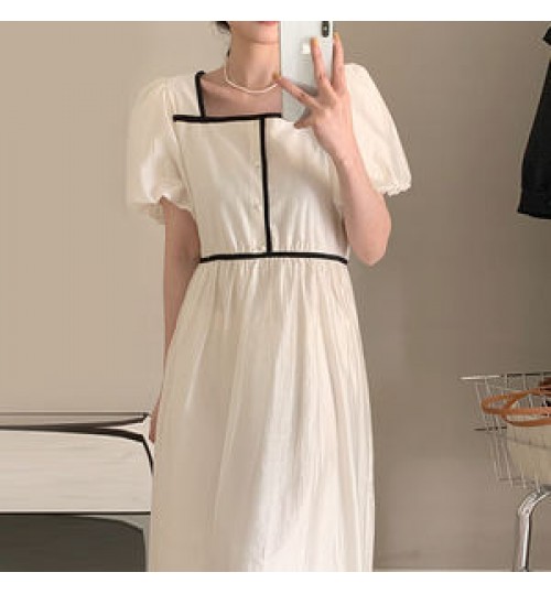 Wholesale 2022 Korean Chic Summer French Temperament Square Neck Contrast Color Trim Waist Waist Slim Puff Sleeve Long Dress