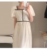 Wholesale 2022 Korean Chic Summer French Temperament Square Neck Contrast Color Trim Waist Waist Slim Puff Sleeve Long Dress