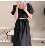 Wholesale 2022 Korean Chic Summer French Temperament Square Neck Contrast Color Trim Waist Waist Slim Puff Sleeve Long Dress