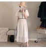 Wholesale 2022 Korean Chic Summer French Temperament Square Neck Contrast Color Trim Waist Waist Slim Puff Sleeve Long Dress