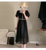 Wholesale 2022 Korean Chic Summer French Temperament Square Neck Contrast Color Trim Waist Waist Slim Puff Sleeve Long Dress