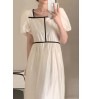 Wholesale 2022 Korean Chic Summer French Temperament Square Neck Contrast Color Trim Waist Waist Slim Puff Sleeve Long Dress