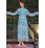 Wholesale 2022 Summer French Waist Gentle Dress Tie Dye Printed Sea Vacation Travel Retro Long Sleeve Blue Fairy Casual Dress