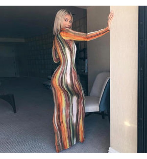 Full Sleeve Printed striped tie-dyed Color Long Dress Deep V Neck elegant Party Dress