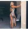 Full Sleeve Printed striped tie-dyed Color Long Dress Deep V Neck elegant Party Dress