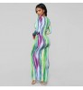 Full Sleeve Printed striped tie-dyed Color Long Dress Deep V Neck elegant Party Dress