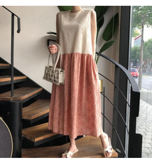 Hot Sale 2022 Korean Chic Summer Retro Round Neck Lace Hook Flower Contrast Color Stitching Design Loose Long Vest Dress