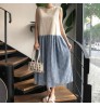 Hot Sale 2022 Korean Chic Summer Retro Round Neck Lace Hook Flower Contrast Color Stitching Design Loose Long Vest Dress